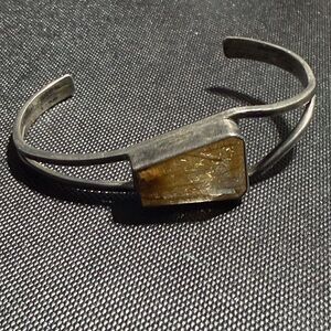 Antique Sterling Silver Golden Rutilated Quartz Cuff Bracelet 6.5"  (2)